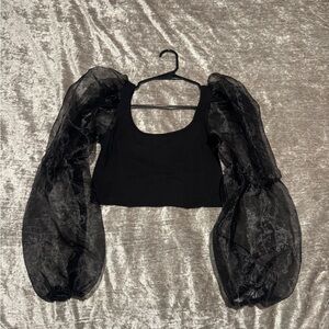 Black Sheer Puff Sleeve Crop Top